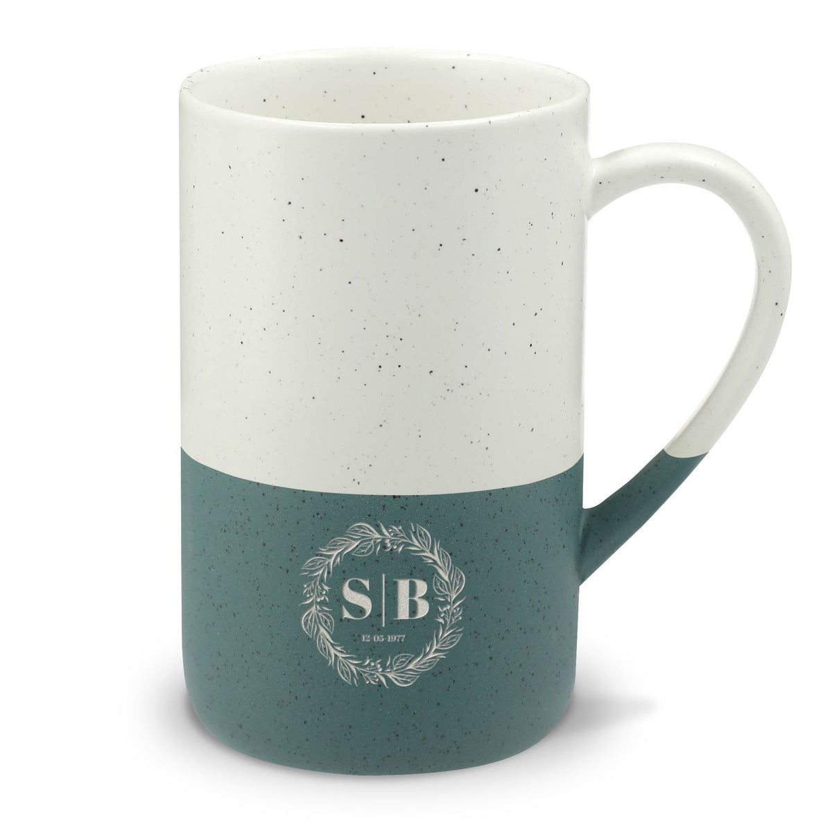 Close-up of the Speckled Wayland ceramic mug's speckled semi-gloss upper finish and natural matte-glazed base.