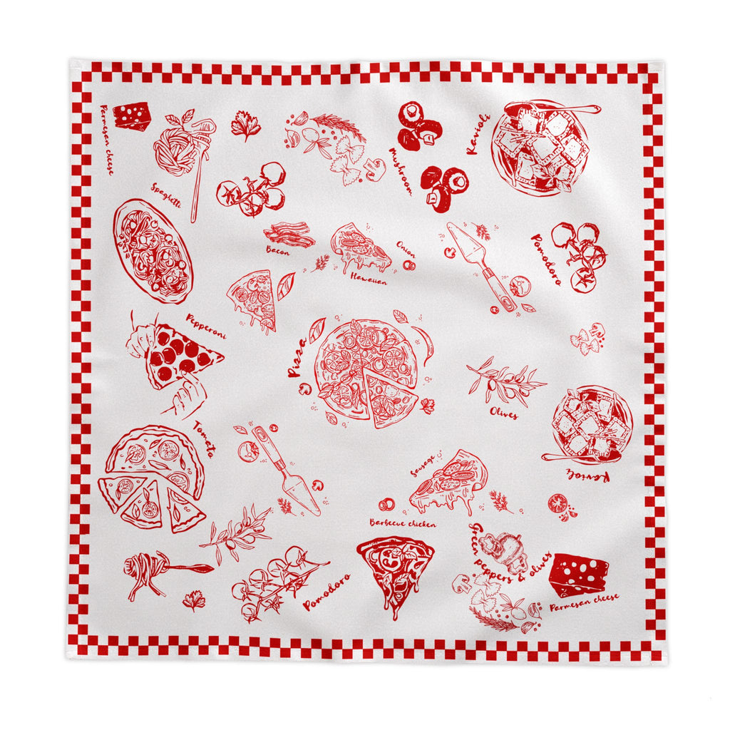 Bright dining room featuring a colorful Italian food tablecloth with pizza and pasta illustrations, creating a fun gathering space.