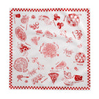 Bright dining room featuring a colorful Italian food tablecloth with pizza and pasta illustrations, creating a fun gathering space.