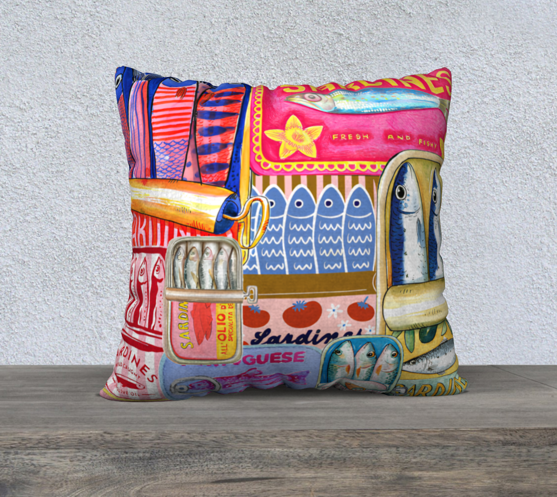 Sardines Vintage-Inspired Pillow | 22"x22" Cushion for Coastal Living