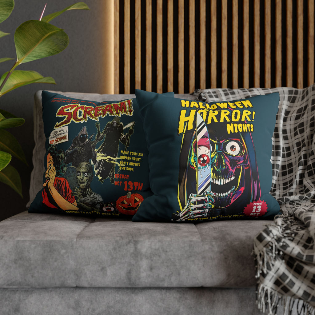 Scream-inspired Halloween cushion cover with colourful horror comic book artwork on dark teal background