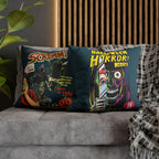 Scream-inspired Halloween cushion cover with colourful horror comic book artwork on dark teal background