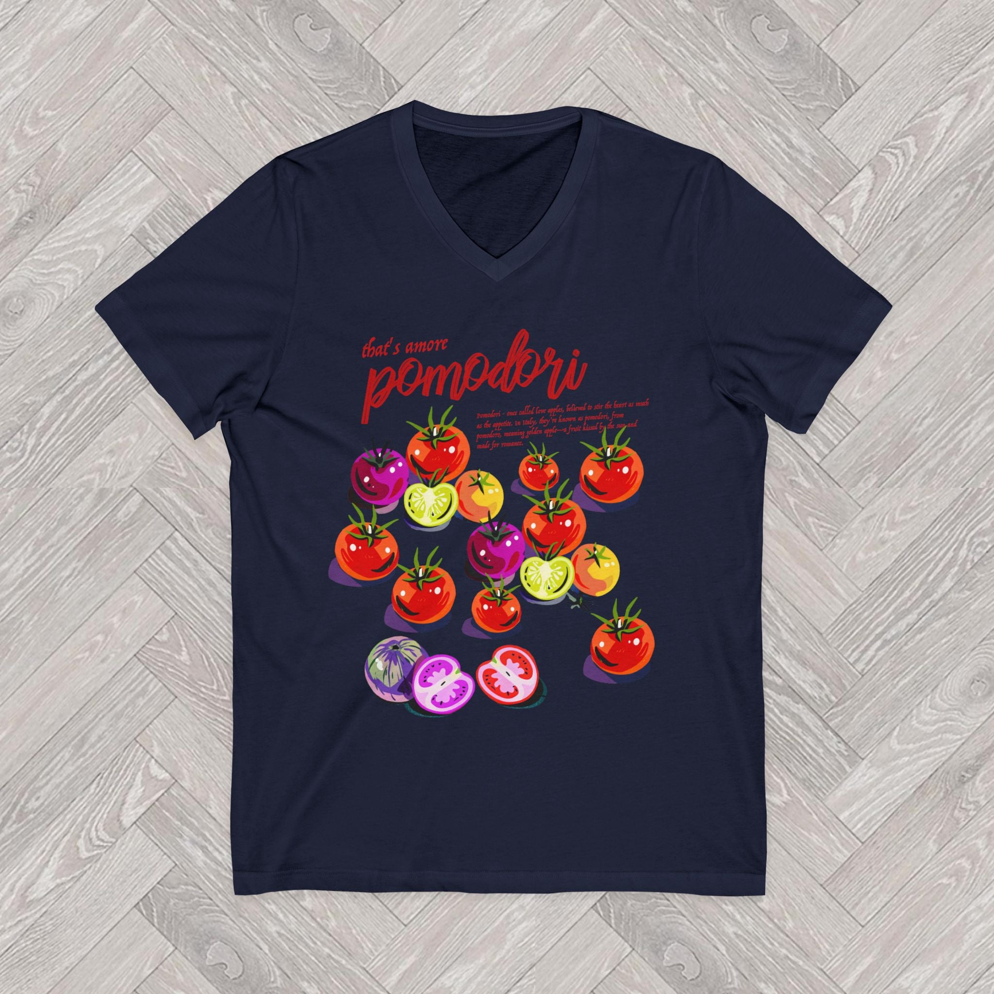 Navy Blue Italian Summer inspired graphic t-shirt featuring vintage tomato illustration and La Dolce Vita aesthetic