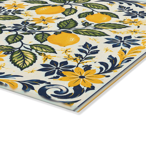 Close-up of Amalfi lemon botanical artwork printed on a textured tempered glass cutting board