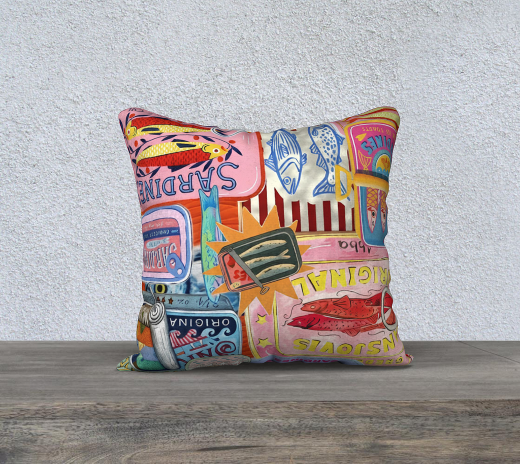 Sardines cushion with a vintage-inspired design, featuring fish-themed art in lively Mediterranean colors. Available in four fabric choices.