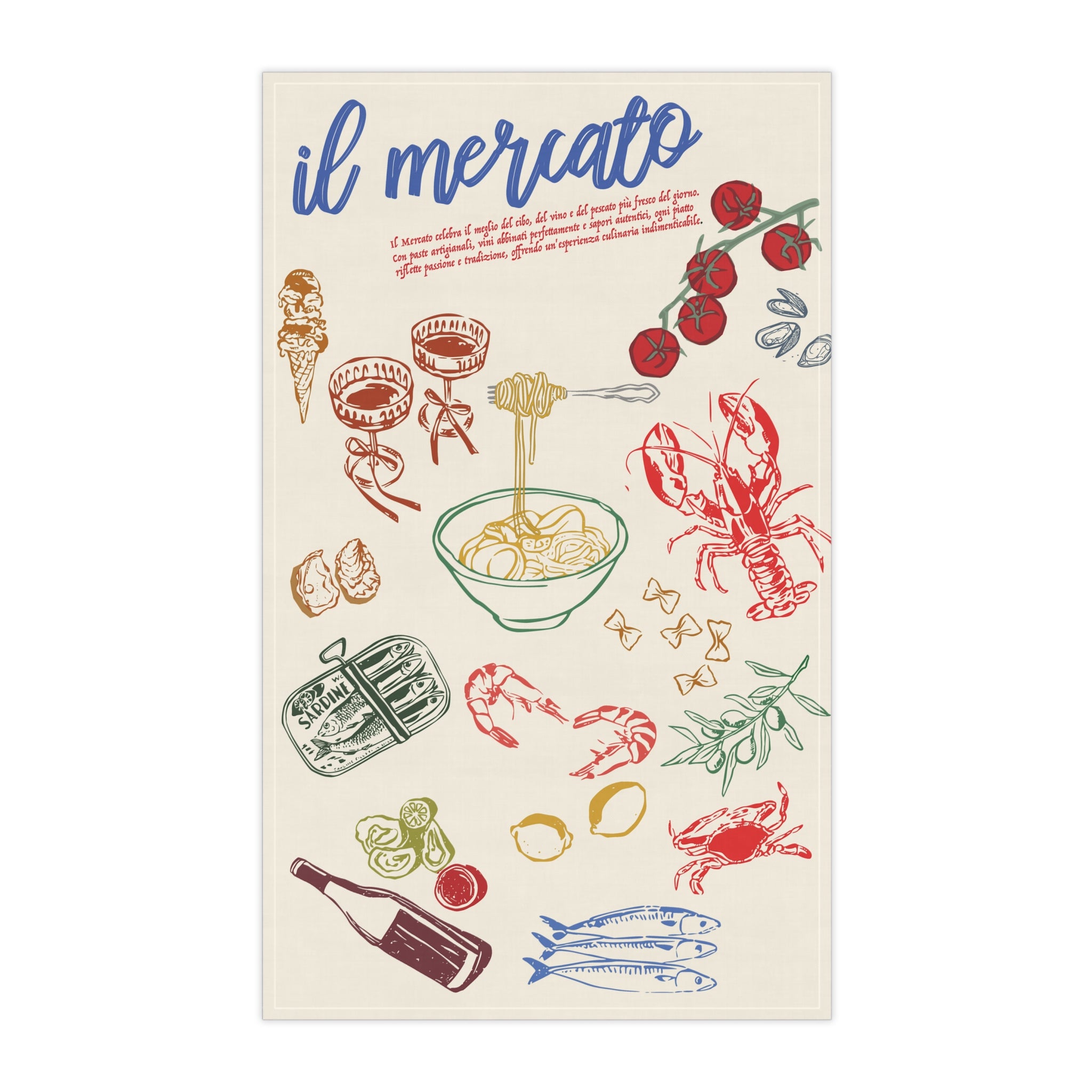 Italian Market Tea Towel – Cotton Kitchen Towel with Sardines & Lobster | Amalfi Coast Inspired, Fun Foodie Gift