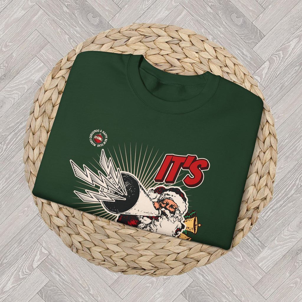 Funny Christmas graphic sweatshirt featuring playful Santa-inspired holiday artwork