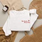 Slow Sunday Brunch Club White front sweatshirt styled for a relaxed weekend and coffee outing