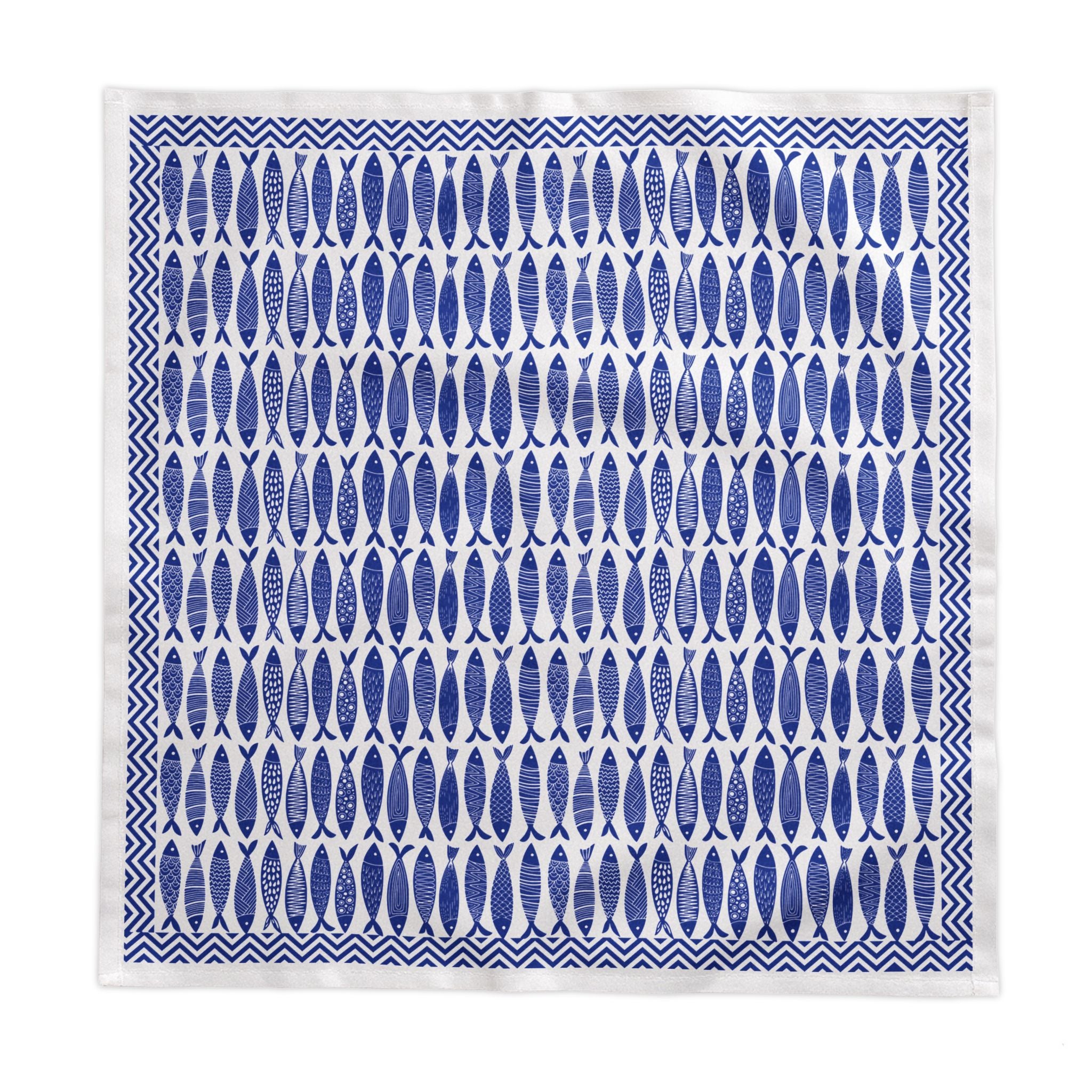 Blue Fish Cotton Tablecloth – Coastal Nautical Table Linen, Scandinavian Folk Fish Pattern Dining Decor