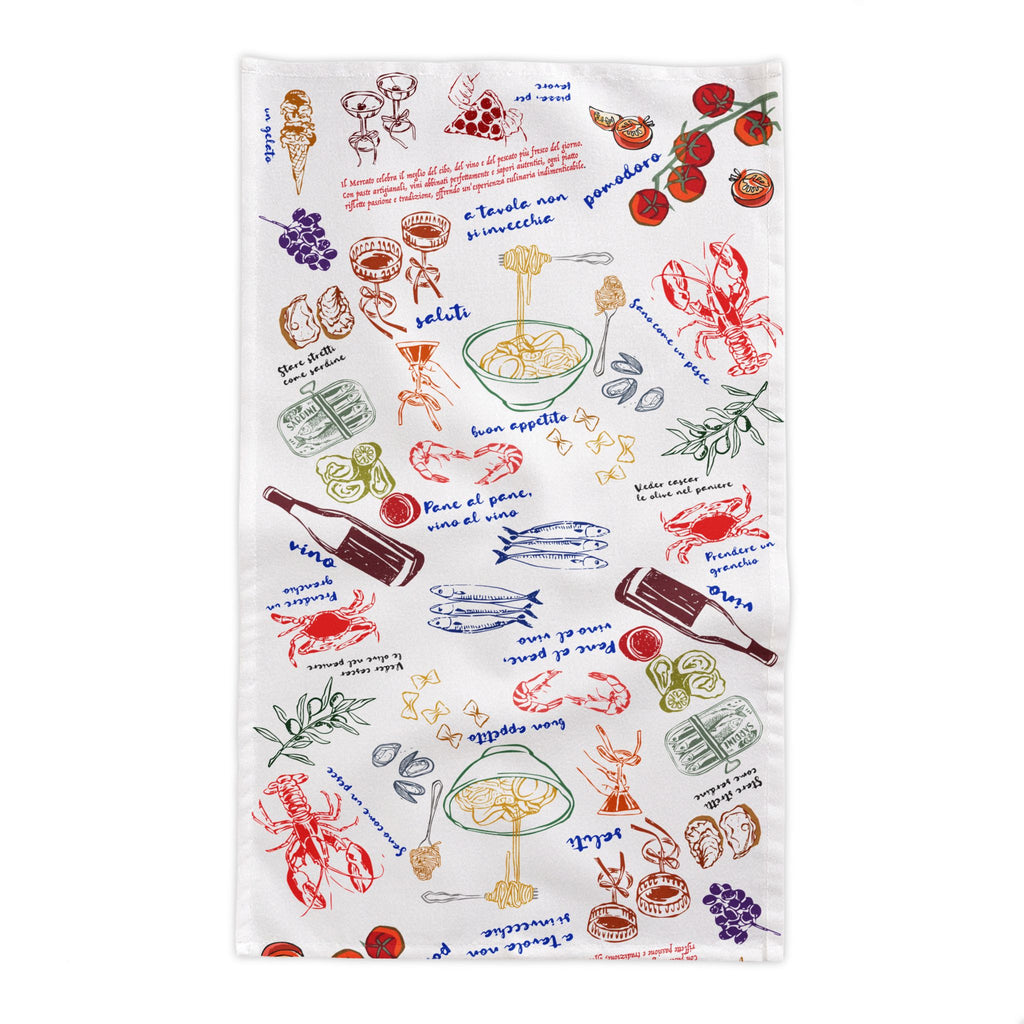 That’s Amore Italian Summer Tablecloth – Hand-Drawn Mediterranean Food Illustration in 100% Cotton Twill