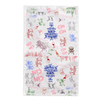 Hand-drawn Italian aperitivo tablecloth design with joyful dining illustrations creating a vibrant Mediterranean style tablescape