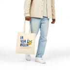 Mediterranean lifestyle tote bag featuring hand-painted citrus design and inspirational Italian quote on durable canvas.