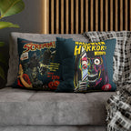 Halloween horror pillow cover featuring bold yellow lettering, spooky characters and colourful comic-style artwork