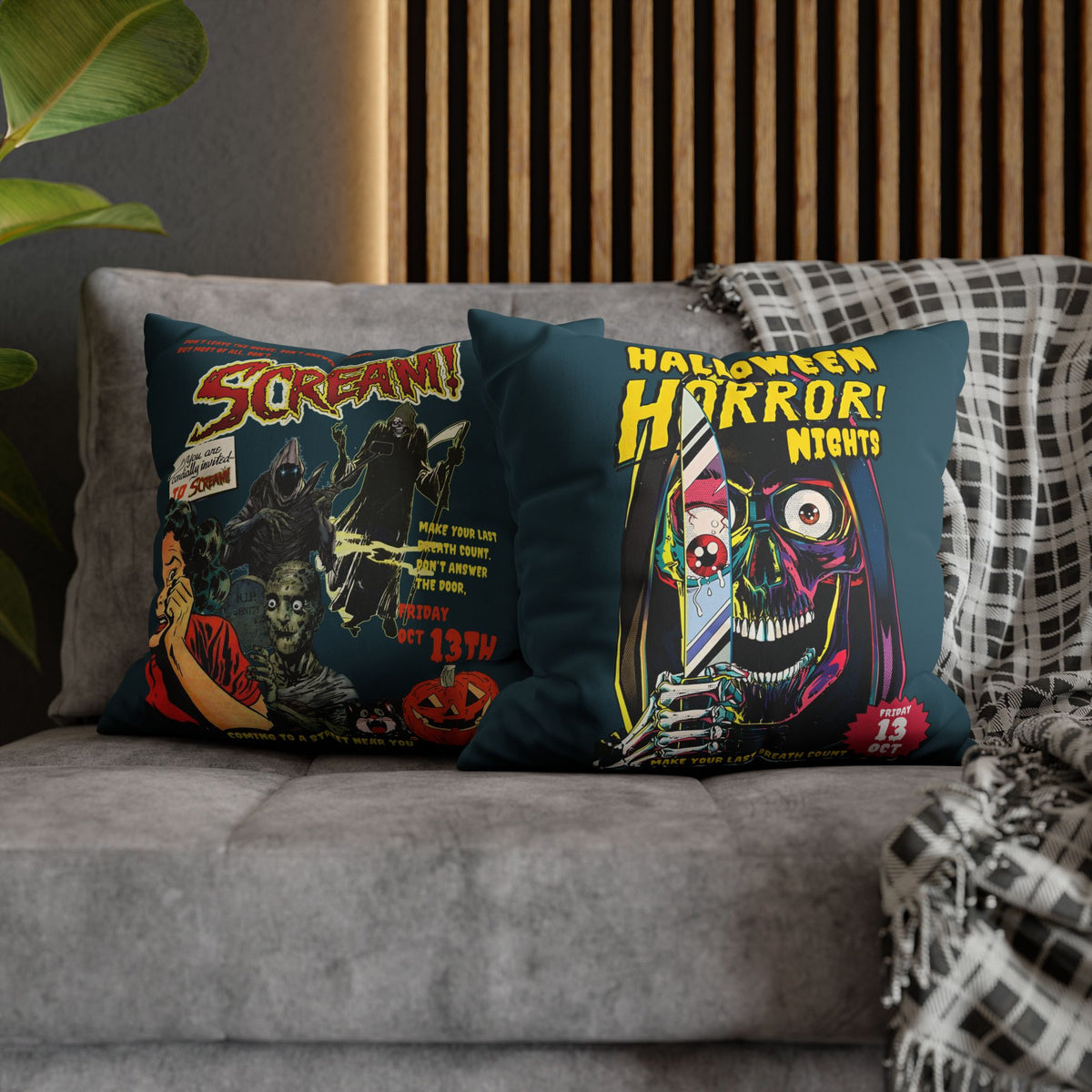 Halloween horror pillow cover featuring bold yellow lettering, spooky characters and colourful comic-style artwork