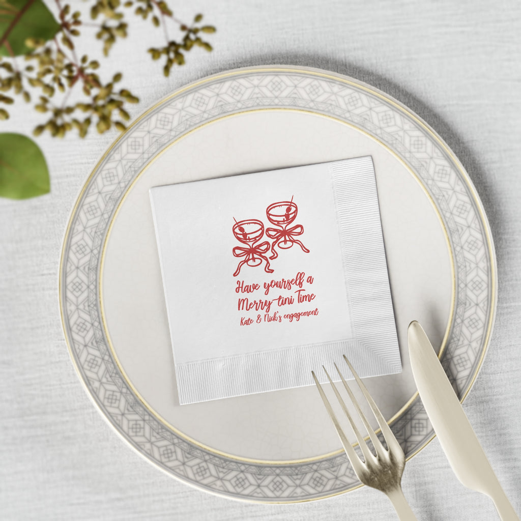 Custom Christmas party napkin featuring a festive martini design, ideal for holiday drinks, appetizers, and dessert tables.