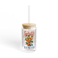 Spritz Orange Veneto 16oz glass sipper cup with bamboo lid and reusable glass straw featuring vintage Italian citrus artwork