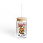 Spritz Orange Veneto 16oz glass sipper cup with bamboo lid and reusable glass straw featuring vintage Italian citrus artwork