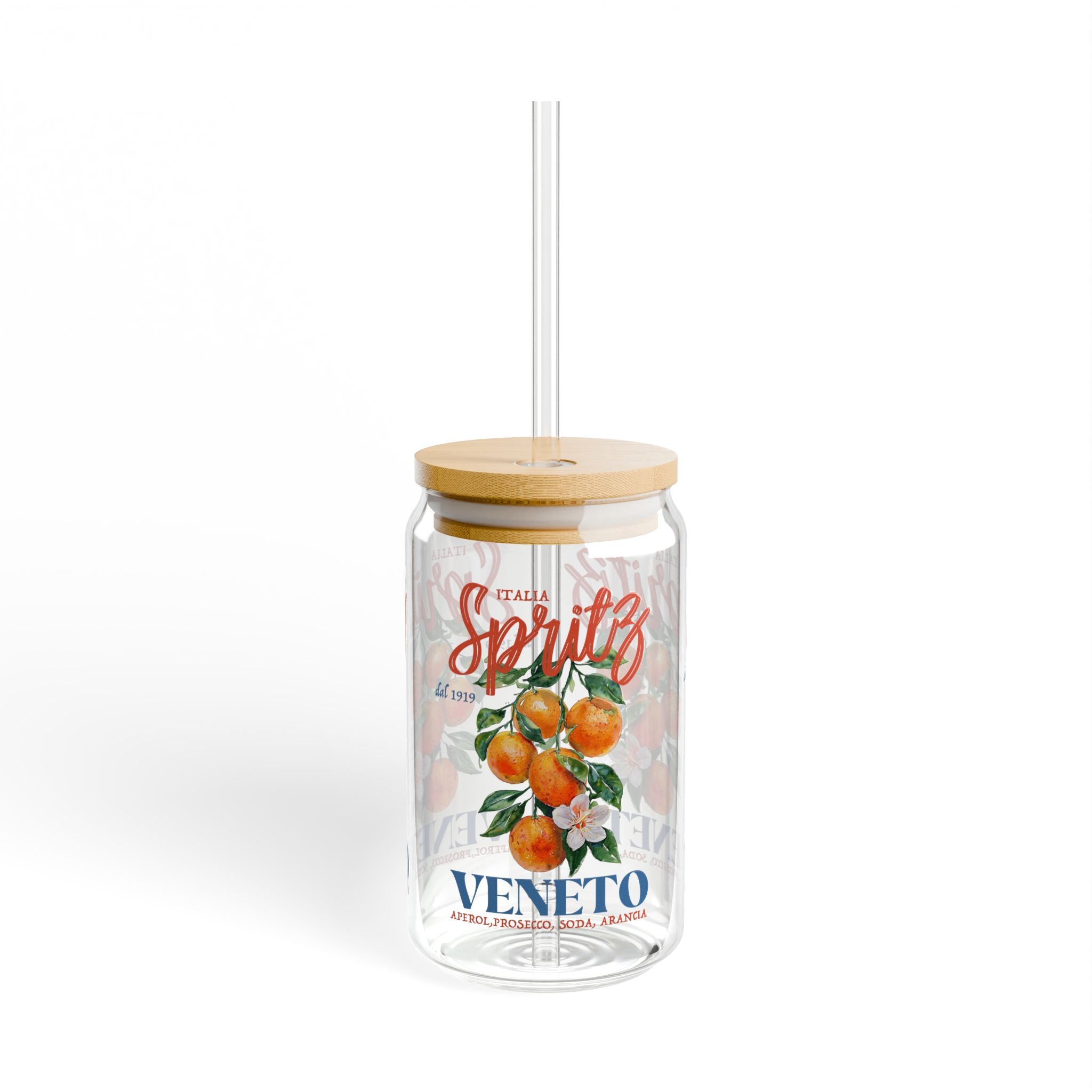 Spritz Orange Veneto 16oz glass sipper cup with bamboo lid and reusable glass straw featuring vintage Italian citrus artwork