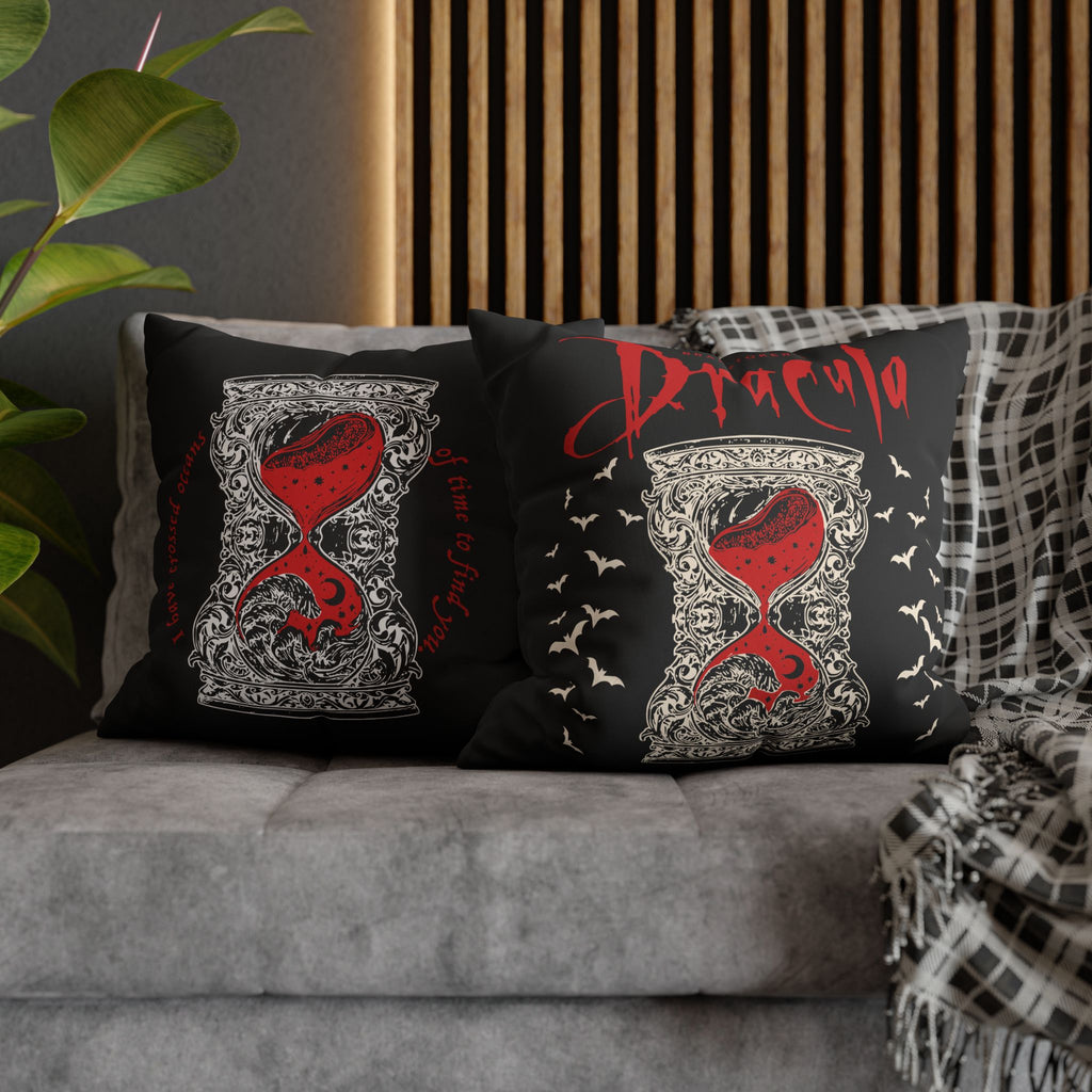 Dracula-inspired faux suede cushion with black, red and ivory vintage gothic artwork.