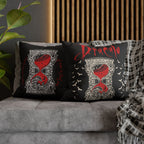 Dracula-inspired faux suede cushion with black, red and ivory vintage gothic artwork.