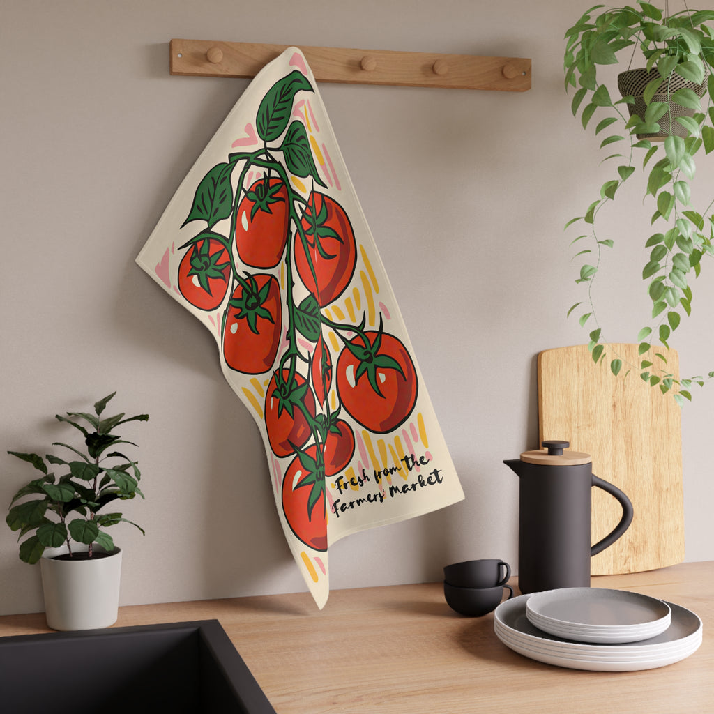 Styled kitchen photo showing “Fresh from the Farmers’ Market” tea towel as part of bright, Mediterranean-inspired decor.