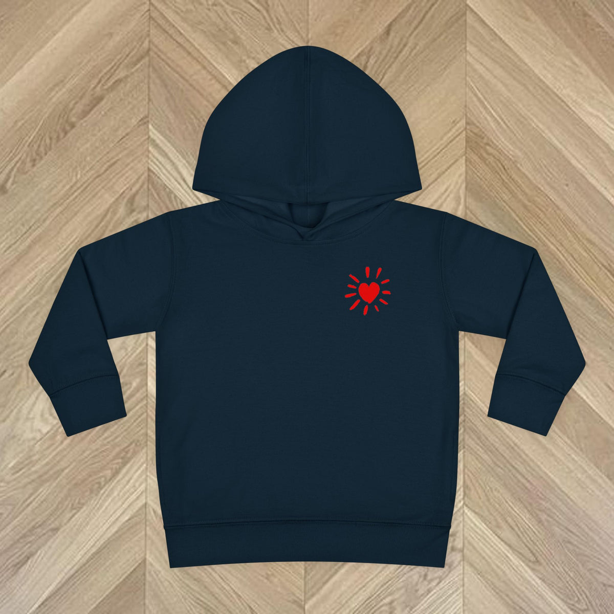 Colourful kids fashion — Navy Hoodie of More Amore Por Favor hoodie styled with casual playwear, bright heart design for toddlers