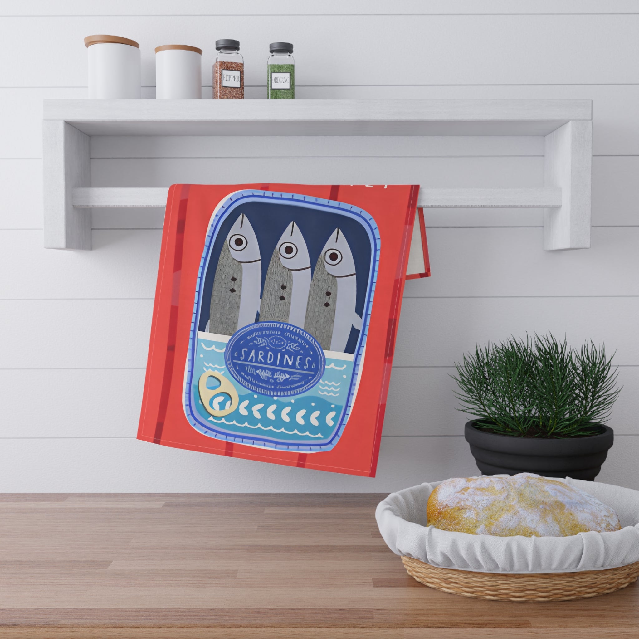 Eat Well, Live Slowly Tea Towel – Italian Market Cotton Kitchen Towel | Fisherman's Aesthetic Sardines Decor, Mediterranean Foodie Gift