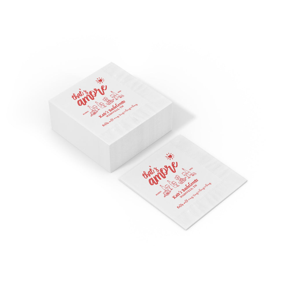 Personalized Italian party napkin with custom bride's name and celebration details, ideal for bridal brunches, cocktail bars, and pizza party décor.