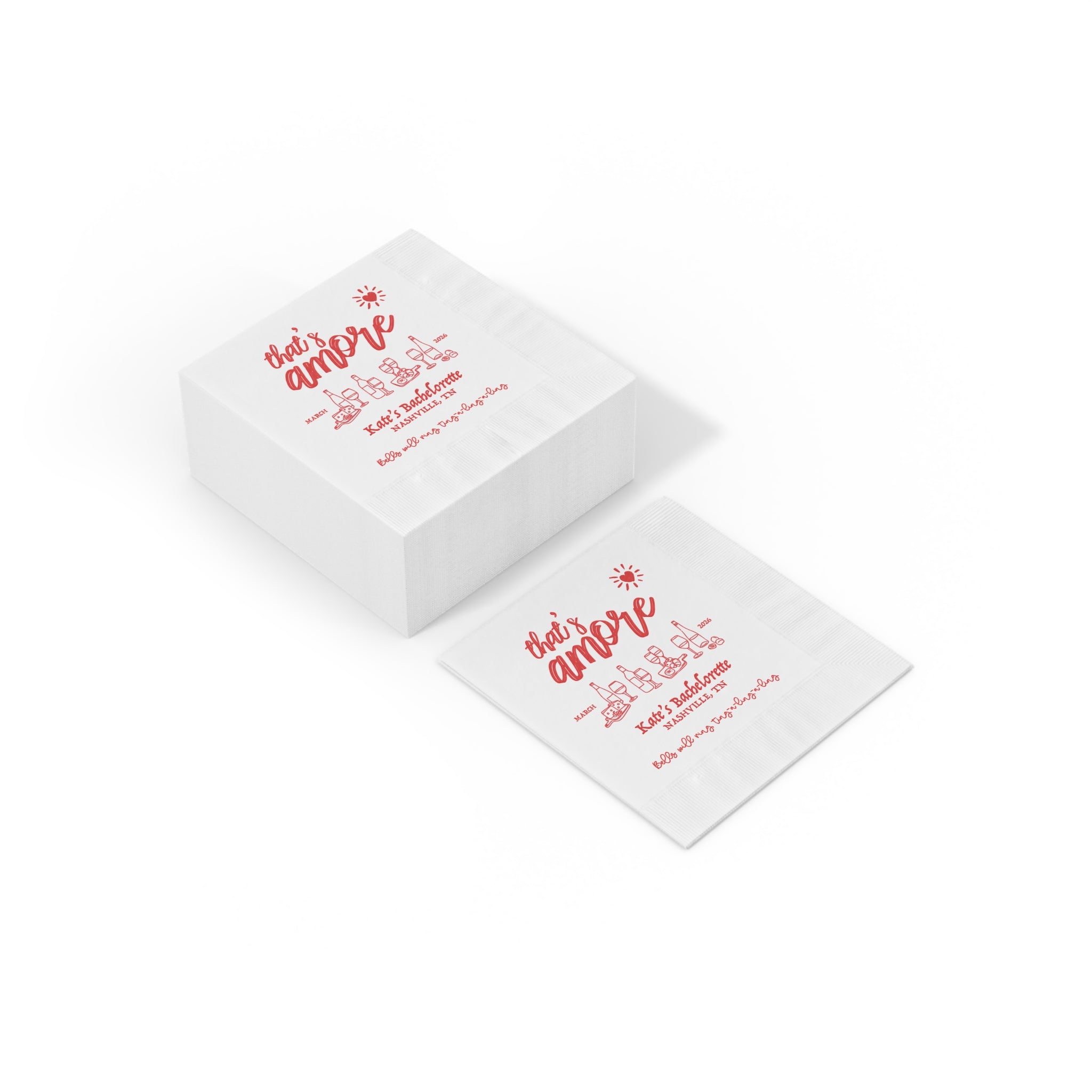 Personalized Italian party napkin with custom bride's name and celebration details, ideal for bridal brunches, cocktail bars, and pizza party décor.