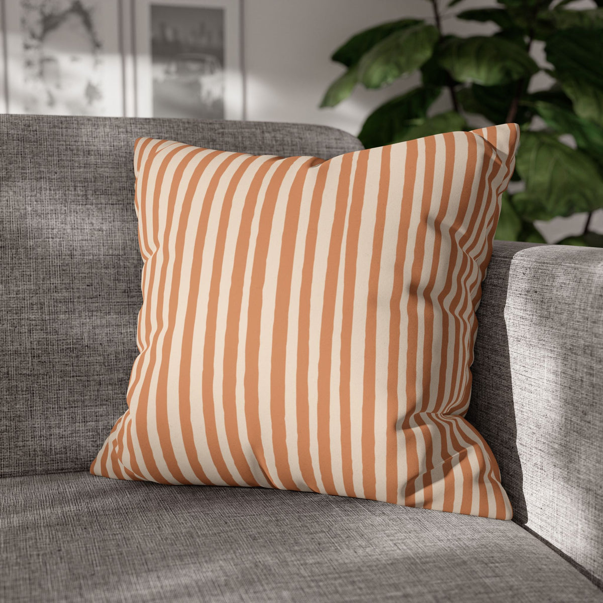 Concealed zipper detail on a terracotta faux suede square pillowcase with double-sided Halloween-inspired artwork.