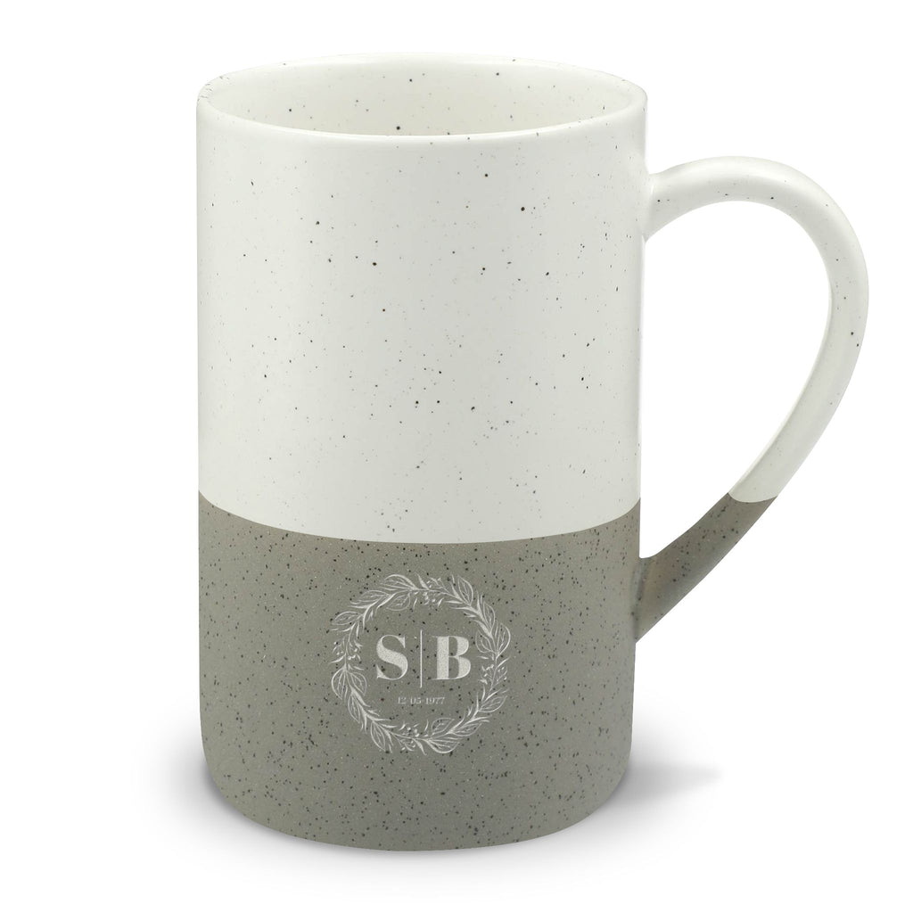 Personalised olive branch crest coffee mug with custom initials and memorable date, a thoughtful wedding, anniversary, or housewarming gift.