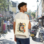 Black Matisse-inspired cat canvas tote with Mediterranean citrus, olive leaves, and coastal folk art design.