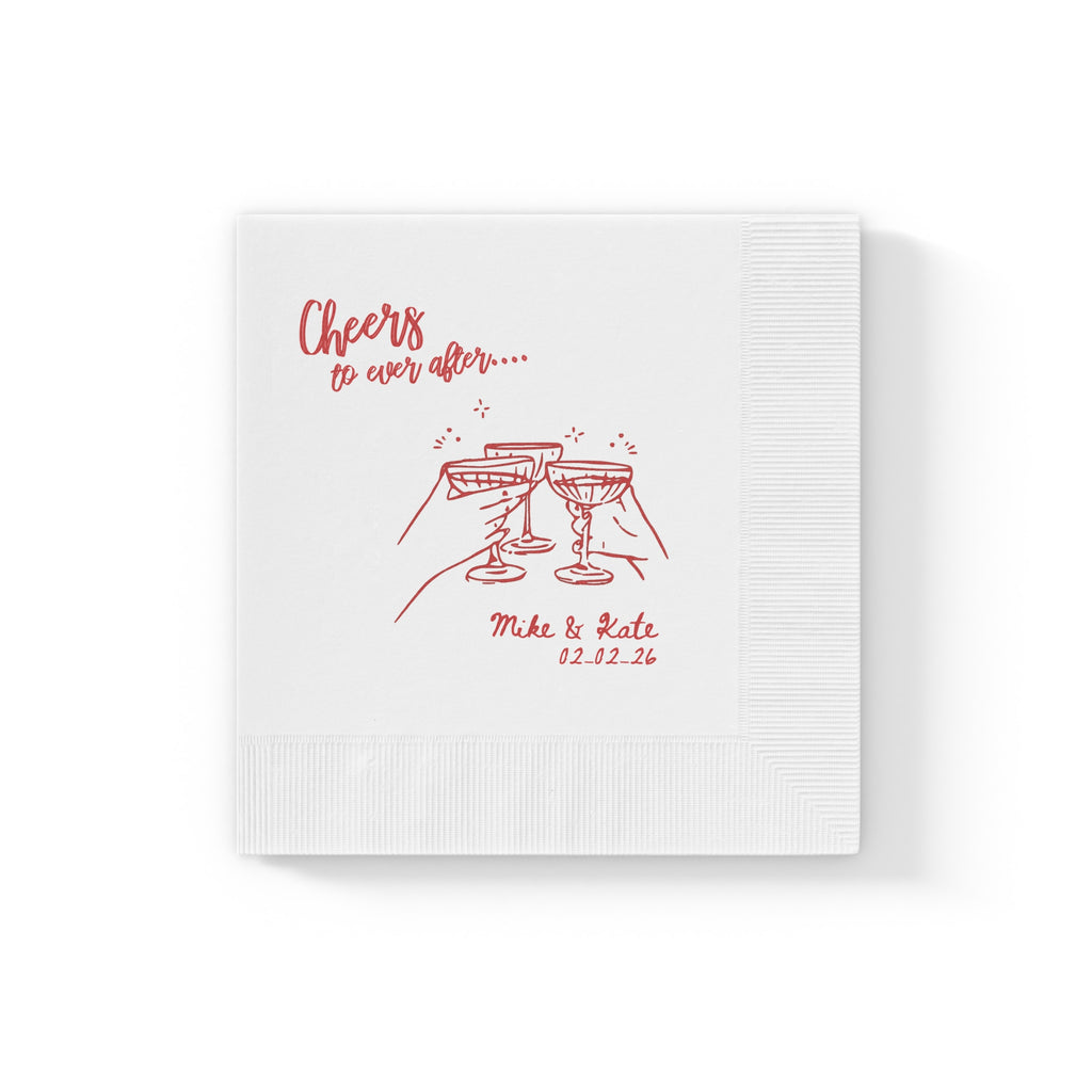 Custom wedding cocktail napkin with elegant Ever After artwork, designed for bridal showers, engagement parties, and wedding décor.