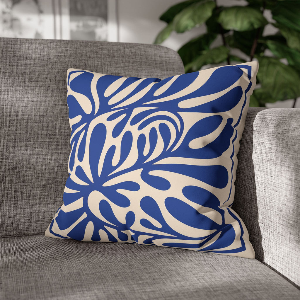 Modern European style cushion with oversized abstract blue pattern and concealed zipper finish.