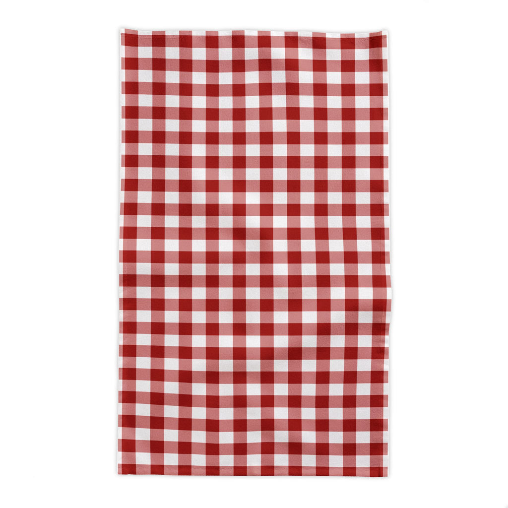 58 x 102 inch red gingham cotton tablecloth displayed on a long rectangular dining table.