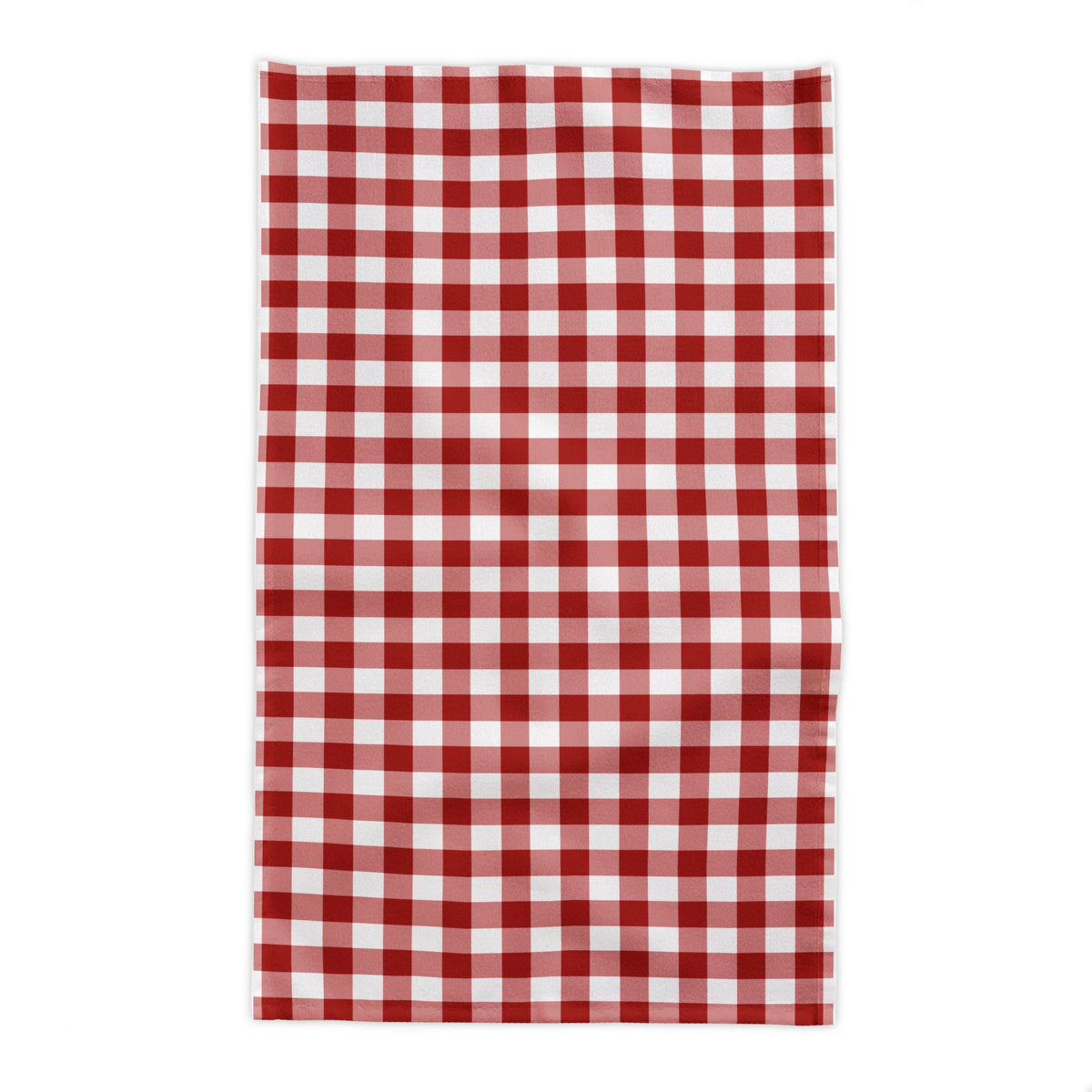 58 x 102 inch red gingham cotton tablecloth displayed on a long rectangular dining table.