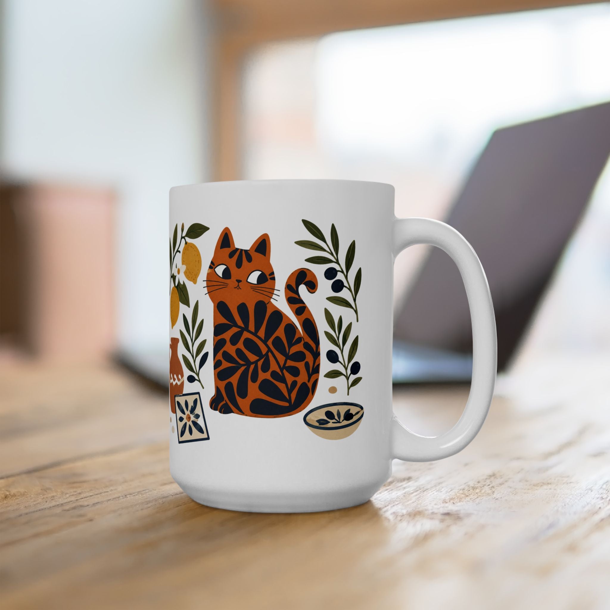 Mediterranean-inspired cat mug with vibrant folk art details designed for coffee, tea, and everyday use.