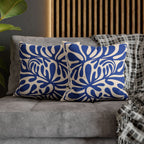 Blue Mediterranean accent cushion available in 18x18 and 20x20 sizes with soft faux suede finish.