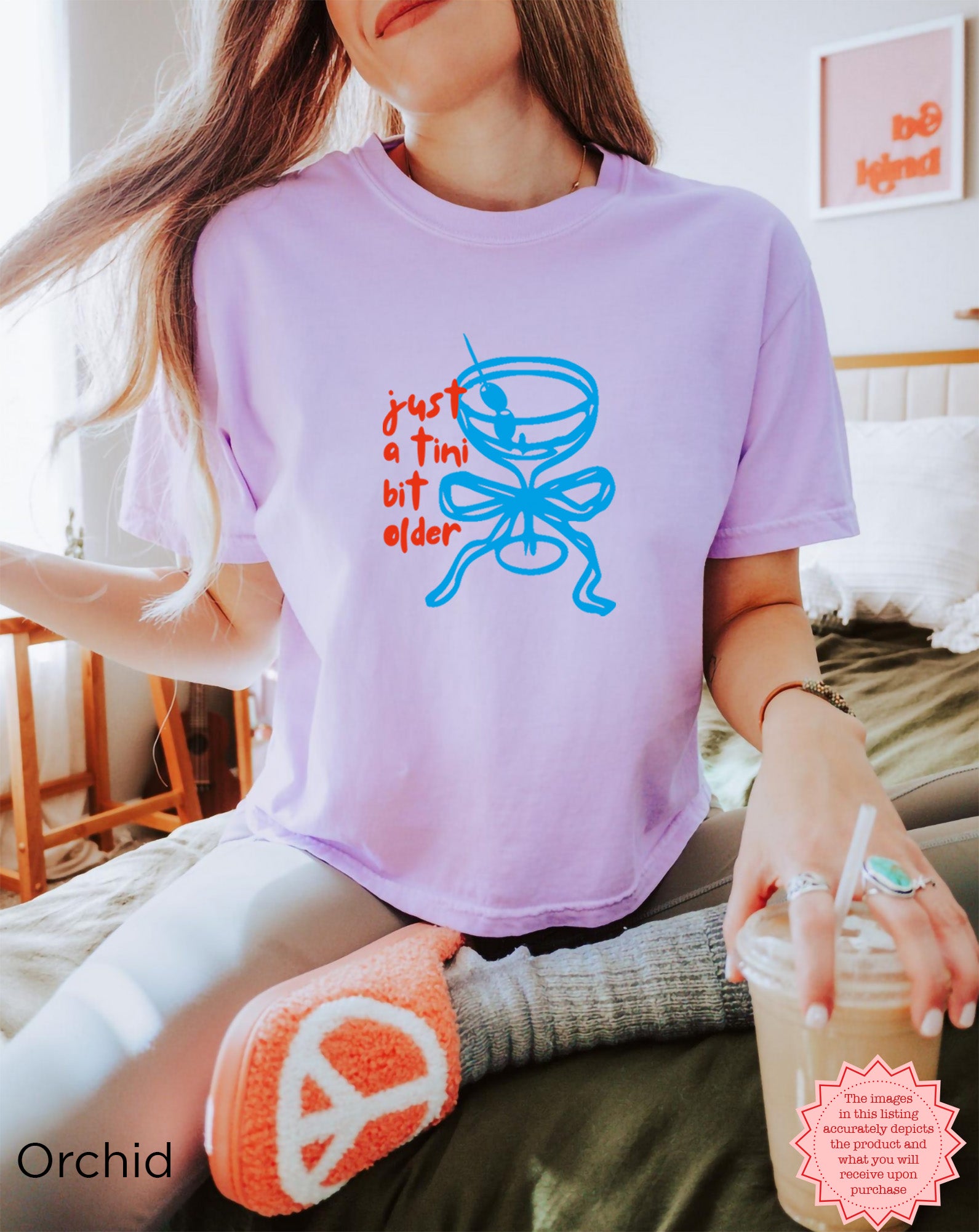 Orchid purple 'Just A Tini Bit Older' graphic crop top with martini aesthetic, perfect for a Y2K-themed birthday.