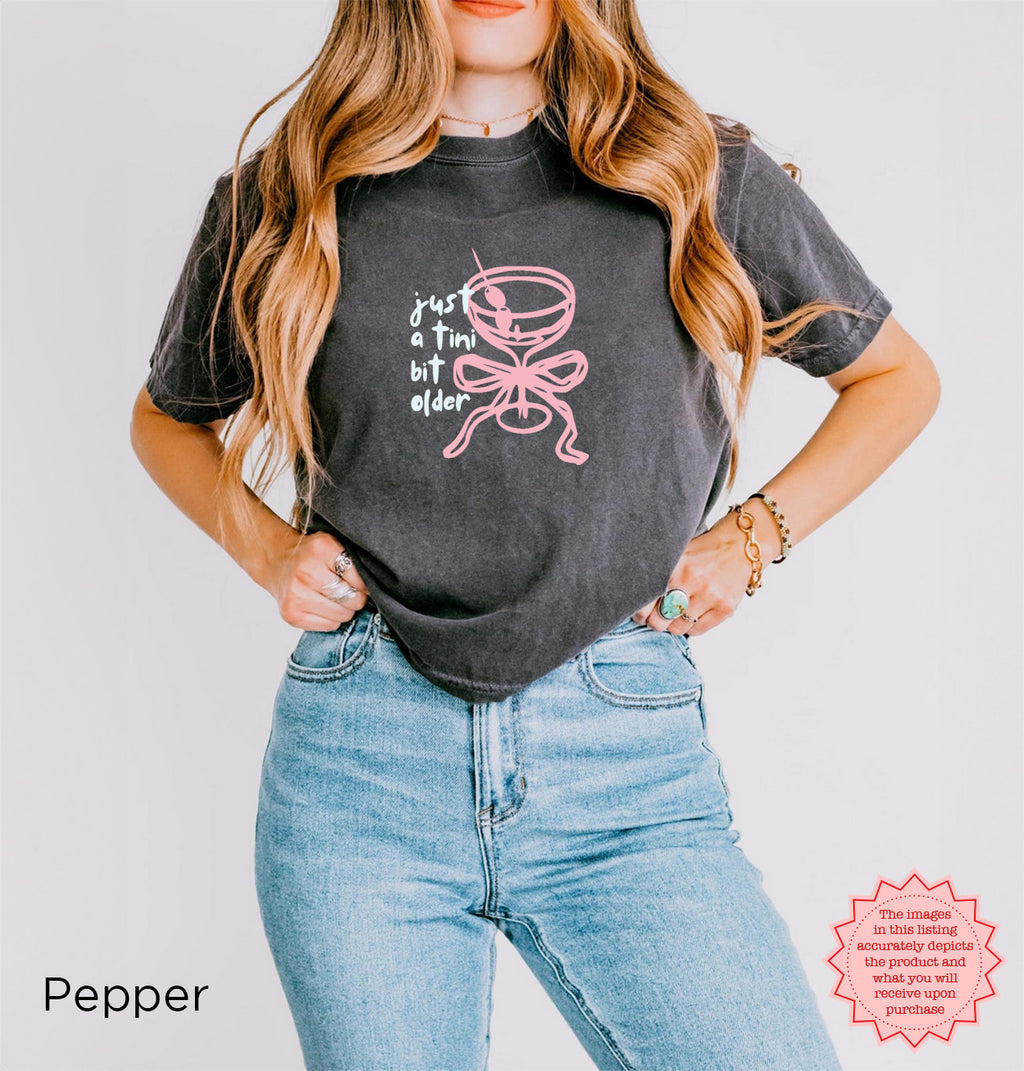 Pepper gray crop top featuring the 'Just A Tini Bit Older' print, perfect for those celebrating a milestone birthday.