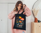 Eco-friendly reusable cotton shopping bag featuring modern abstract floral artwork.