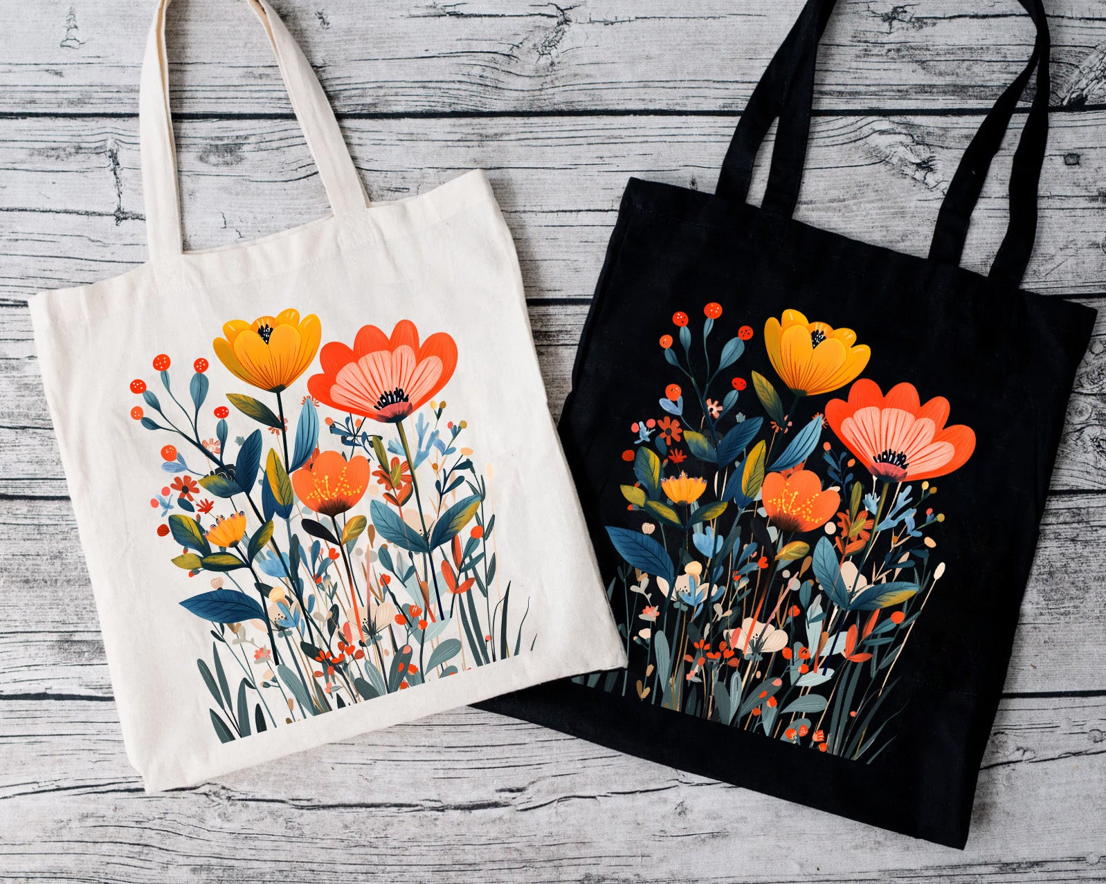 Black cotton canvas tote bag featuring vibrant abstract wildflowers inspired by Mediterranean gardens.