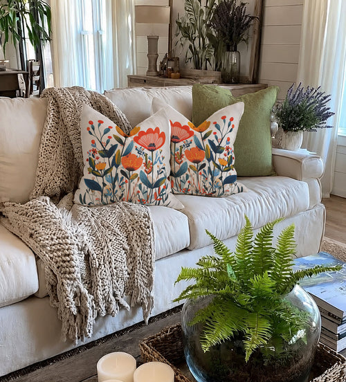 Double-sided botanical pillow cover with vibrant coral, yellow and blue wildflower illustration.