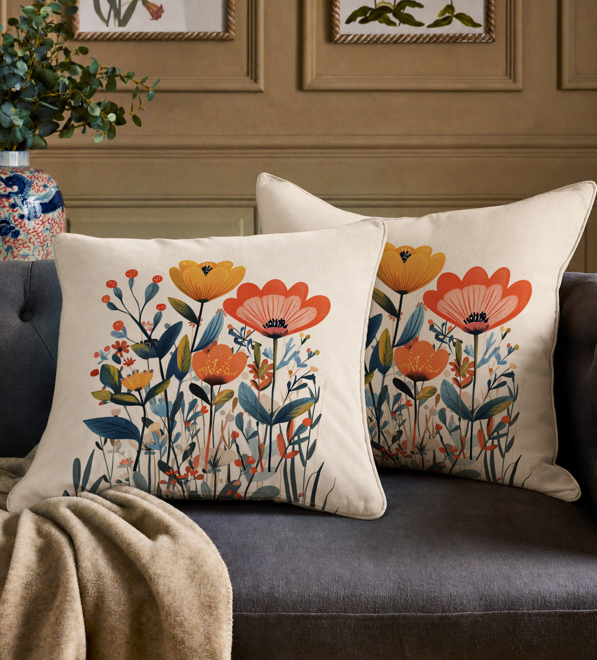 Modern floral decorative cushion cover with Mediterranean-inspired garden artwork.