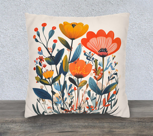 Mediterranean floral square throw pillow cover featuring colourful abstract wildflowers on a warm cream background.