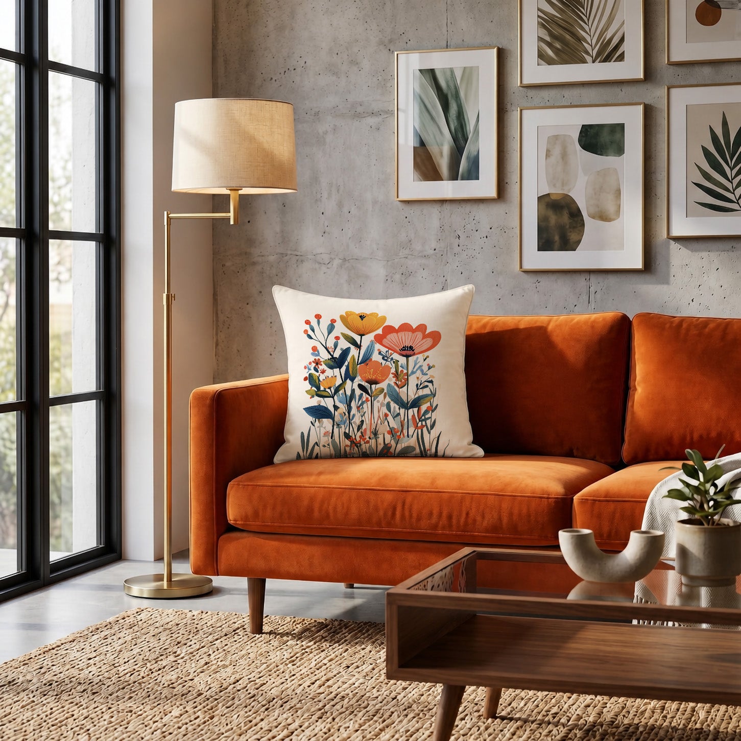 Colourful wildflower throw pillow cover styled for modern farmhouse and boho living room décor.