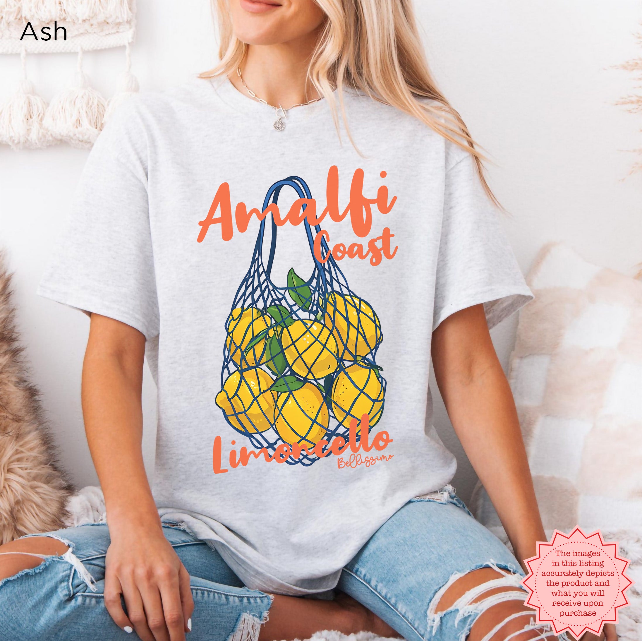 Amalfi Coast Lemoncello white graphic tee styled for a sunny coastal vacation-inspired look