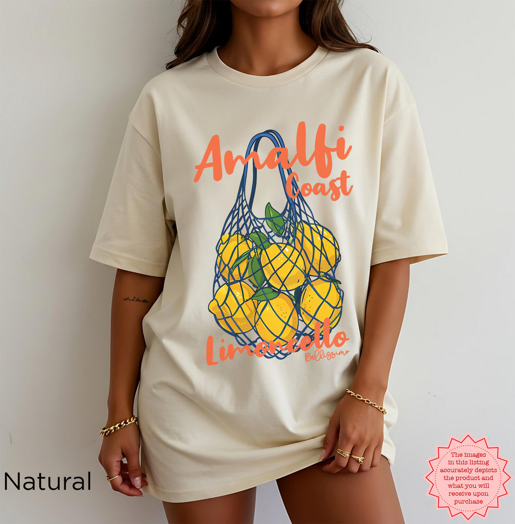 Detailed view of Amalfi Coast Lemoncello DTG printed design with yellow lemons, green leaves, and blue netting