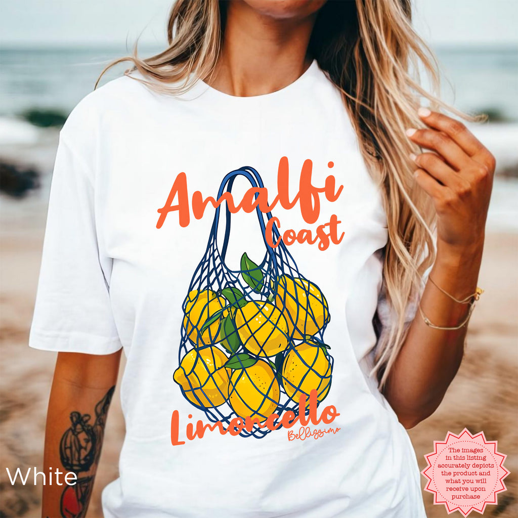 Amalfi Coast Lemoncello T-Shirt front view with bright lemon graphic and orange lettering on a white Gildan 5000 tee