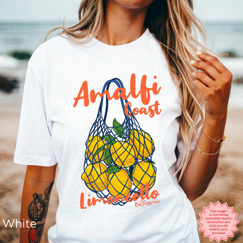 Amalfi Coast Lemoncello T-Shirt front view with bright lemon graphic and orange lettering on a white Gildan 5000 tee